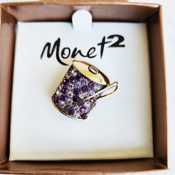 Monet Jewelry - NIB Vintage Monet Rhinestone Spool of Thread and Needle Brooch Pin Purple Gold